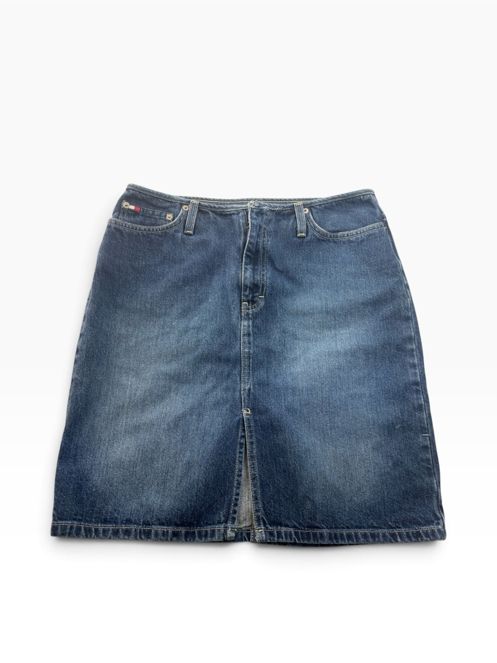 Tommy Hilfiger Women's Size 8 Denim Mini Skirt Medium Wash Low Rise Slit VTG